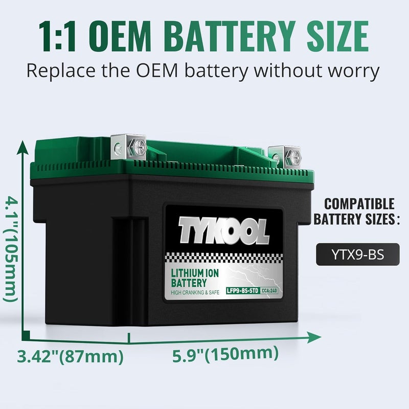 TYKOOL YTX9-BS -STD 12.8V 4Ah, 240CCA Lithium LiFePO4 Motorcycle Battery,2X Cranking Amps,5X longer life,Powersports battery,for ATV,UTV - Image 3